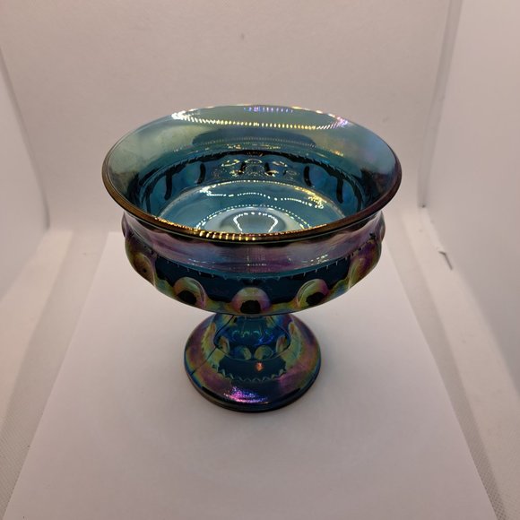 Vintage Carnival Glass Kings Crown Thumbprint Blue Iridescent Indiana Compote - Picture 11 of 11